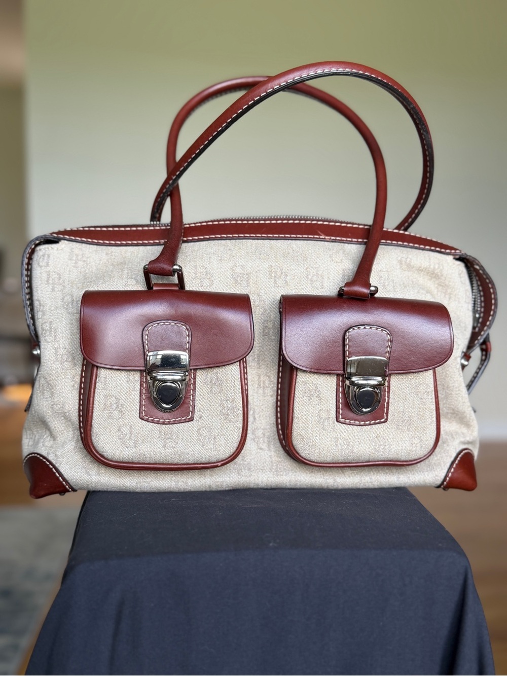 Dooney & Bourke Cream Canvas and Brown Leather Double-Pocket Shoulder Bag